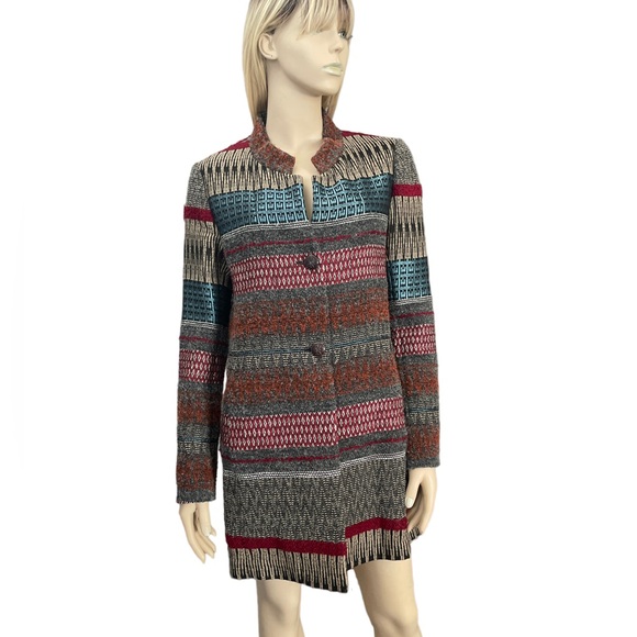 RIANI Aztec Print Long Jacket In Grey Burgundy & Turquoise - Picture 4 of 11